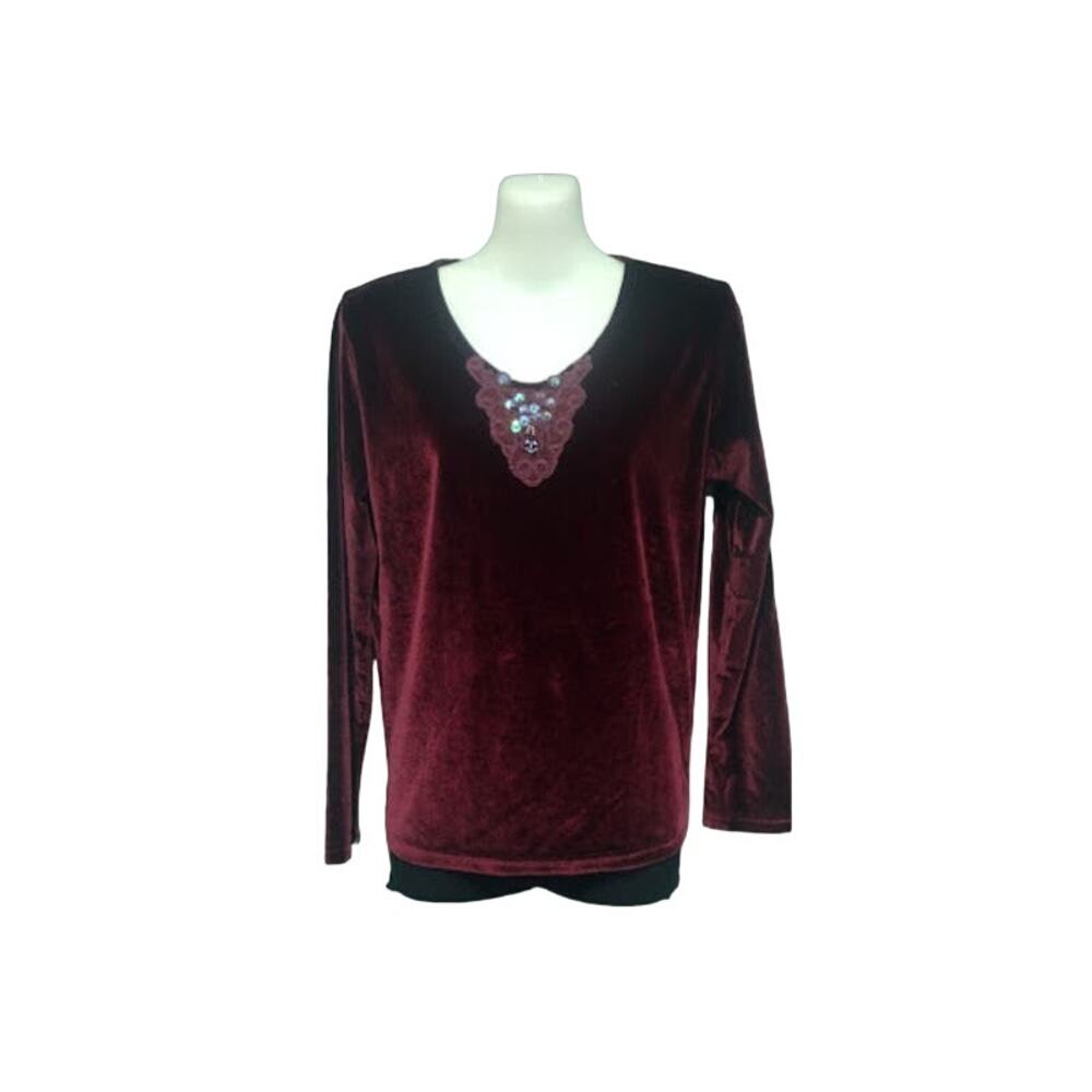 Nature Art by Lynn Yang Long Sleeve Velvet‎ Top with Appliques, Burgundy, Sz SP